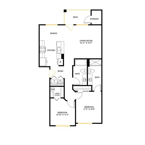 Floor plan for 2 beds, 2 baths, 979 sqft